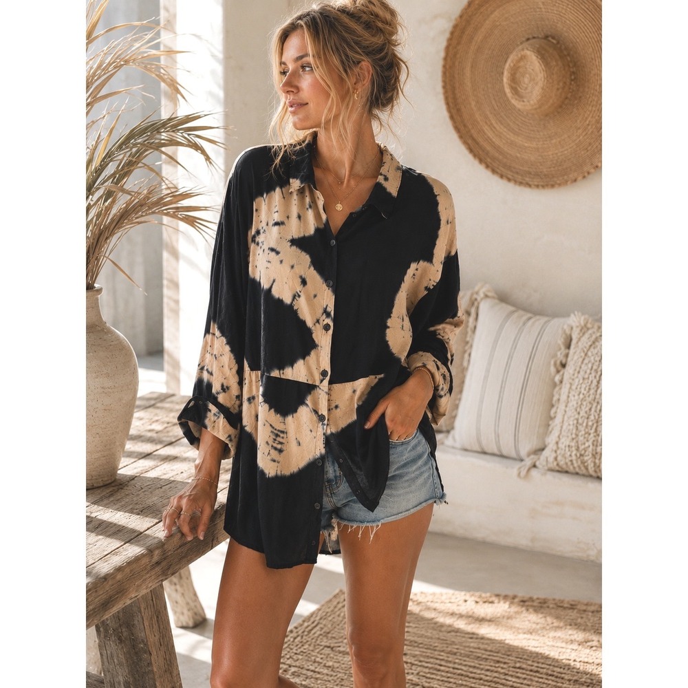 Missguided Button Down Shirt Tie Dye Black Tan Size 8 Relaxed Long Sleeve Top